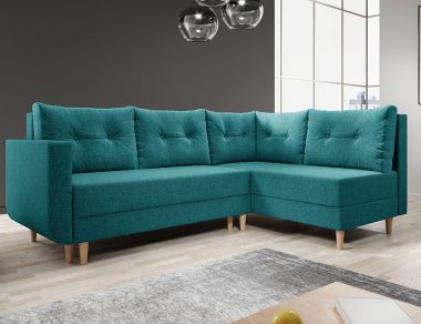 Narożnik z funkcją spania Baldur L prawy z pojemnikiem na pościel turkusowa plecionka