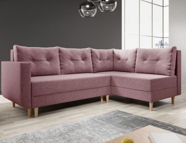 Narożnik z funkcją spania Baldur L prawy z pojemnikiem na pościel różowa plecionka