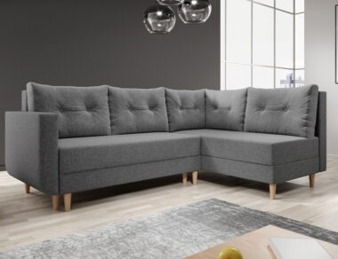 Narożnik z funkcją spania Baldur L prawy z pojemnikiem na pościel szara plecionka