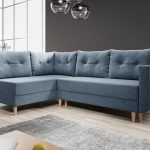 Narożnik z funkcją spania Baldur L lewy z pojemnikiem na pościel niebieska plecionka