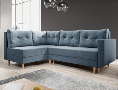 Narożnik z funkcją spania Baldur L lewy z pojemnikiem na pościel niebieska plecionka