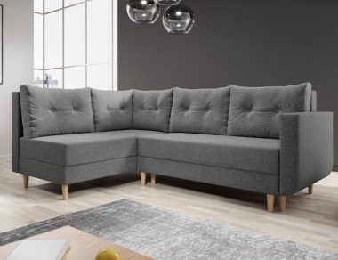 Narożnik z funkcją spania Baldur L lewy z pojemnikiem na pościel szara plecionka