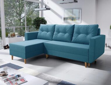 Narożnik z funkcją spania Baldur L-kształtny z pojemnikiem na pościel turkusowa plecionka