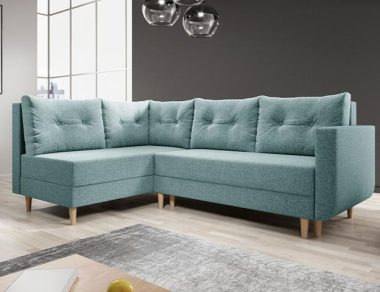 Narożnik z funkcją spania Baldur L lewy z pojemnikiem na pościel miętowa plecionka