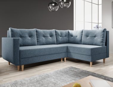 Narożnik z funkcją spania Baldur L prawy z pojemnikiem na pościel niebieska plecionka