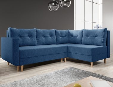 Narożnik z funkcją spania Baldur L prawy z pojemnikiem na pościel granatowa plecionka