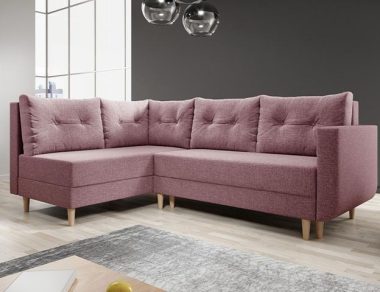 Narożnik z funkcją spania Baldur L lewy z pojemnikiem na pościel różowa plecionka