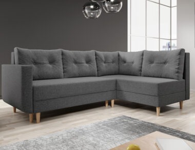 Narożnik z funkcją spania Baldur L prawy z pojemnikiem na pościel ciemnoszara plecionka