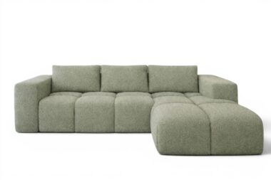 Narożnik z funkcją spania Flavio prawy L-kształtny z pojemnikiem na pościel szarozielona plecionka