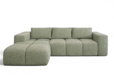 Narożnik z funkcją spania Flavio lewy L-kształtny z pojemnikiem na pościel szarozielona plecionka