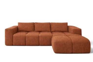 Narożnik z funkcją spania Flavio prawy L-kształtny z pojemnikiem na pościel miedziana plecionka