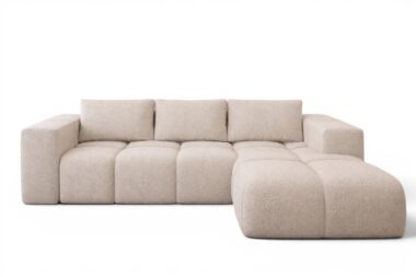 Narożnik z funkcją spania Flavio prawy L-kształtny z pojemnikiem na pościel jasnobeżowa plecionka