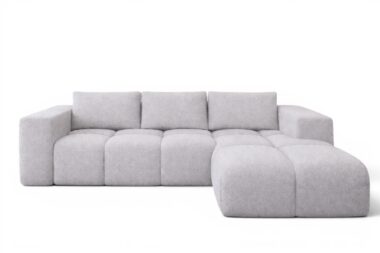 Narożnik z funkcją spania Flavio prawy L-kształtny z pojemnikiem na pościel jasnoszara plecionka