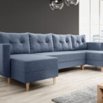 Narożnik z funkcją spania Baldur U-kształtny z pojemnikiem na pościel niebieska plecionka