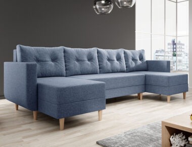 Narożnik z funkcją spania Baldur U-kształtny z pojemnikiem na pościel niebieska plecionka