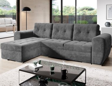 Narożnik z funkcją spania Bari uniwersalny L-kształtny z pojemnikiem na pościel szary welur