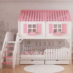 Łóżko piętrowe Gaby w kształcie domku różowo-białe