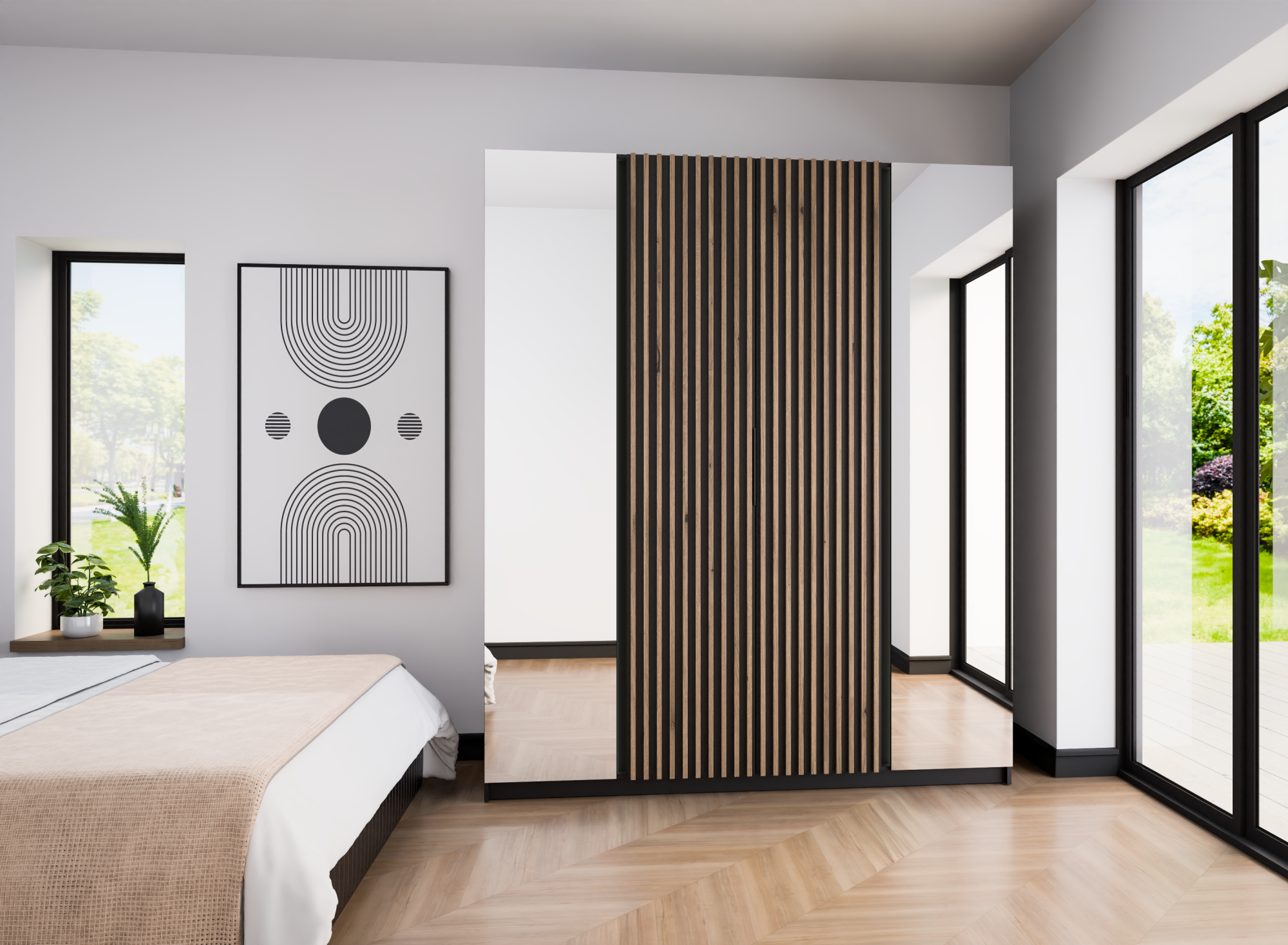 Szafa Kaja 200 cm z lustrem dąb evoke z czarnymi lamelami