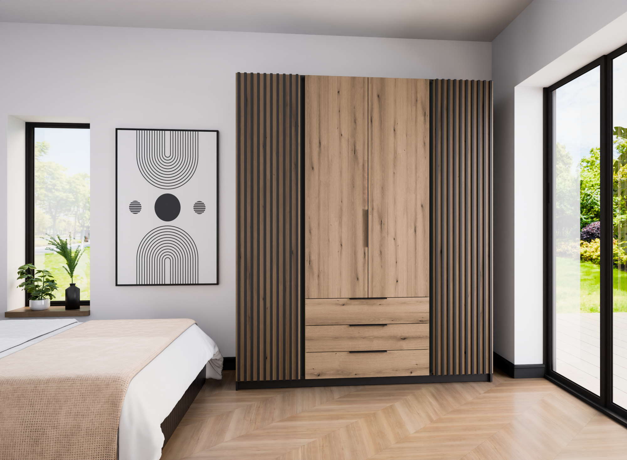 Szafa Kaja 200 cm z szufladami dąb evoke z czarnymi lamelami