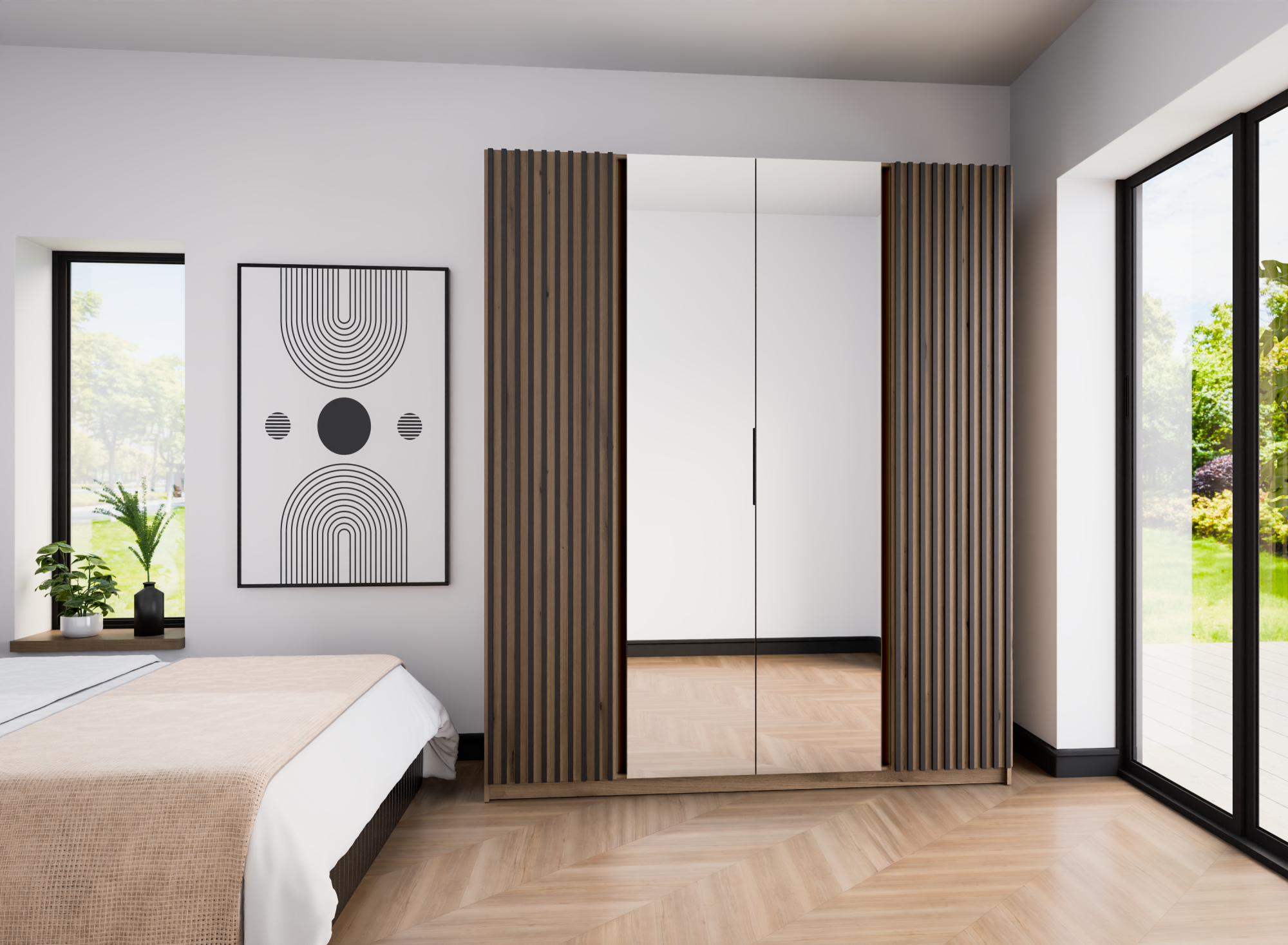 Szafa Kaja 200 cm z lustrem dąb evoke z czarnymi lamelami