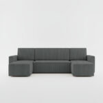 Narożnik z funkcją spania Mimir U-kształtny z pojemnikiem na pościel szary sztruks