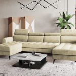 Narożnik z funkcją spania Bjorn U-kształtny z pojemnikiem na pościel beżowy welur