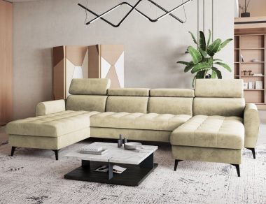 Narożnik z funkcją spania Bjorn U-kształtny z pojemnikiem na pościel beżowy welur