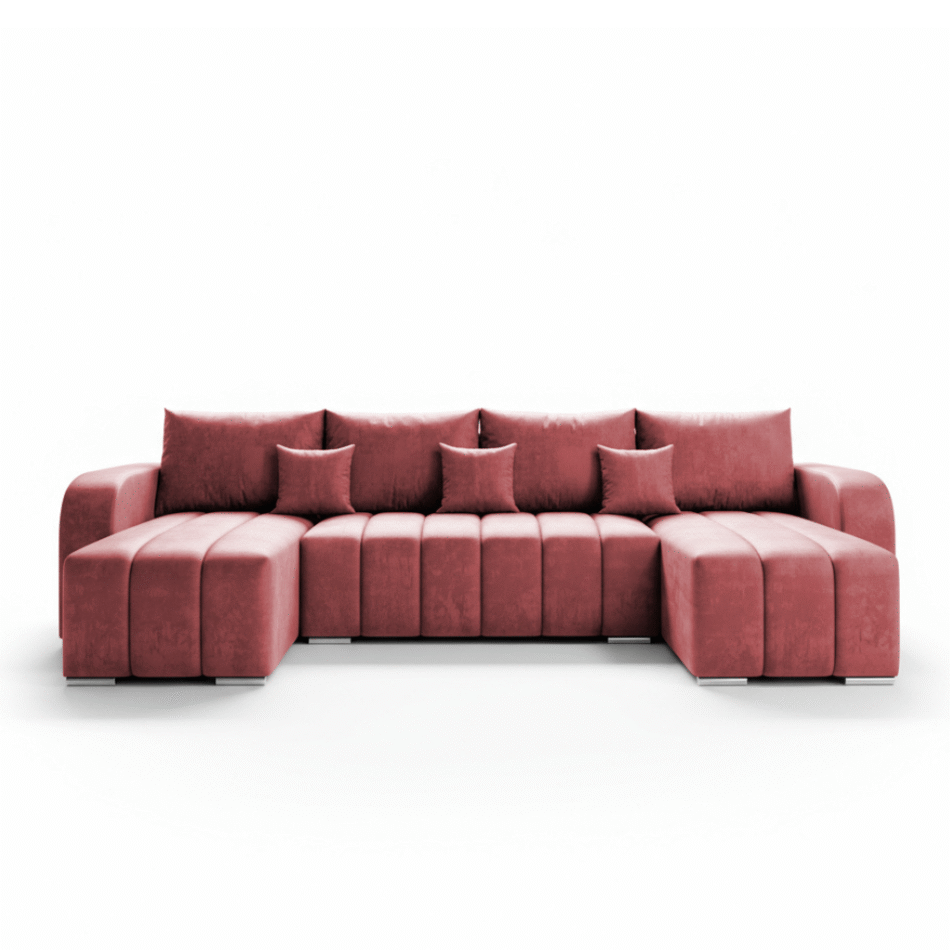 Narożnik z funkcją spania Pufetto U-kształtny z pojemnikiem na pościel różowy welur