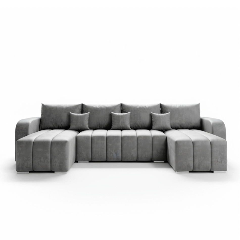 Narożnik z funkcją spania Pufetto U-kształtny z pojemnikiem na pościel szary welur