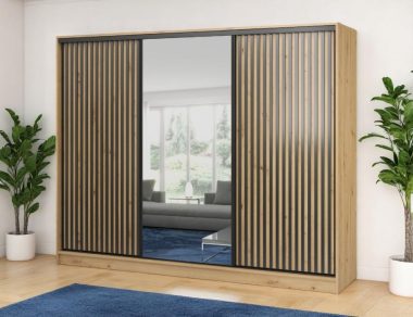 Szafa przesuwna Nubi 250 cm z lustrem dąb artisan z czarnymi lamelami