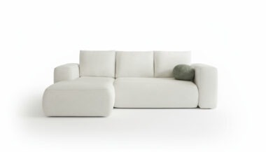 Narożnik z funkcją spania Lambi lewy L-kształtny z pojemnikiem na pościel kremowy boucle