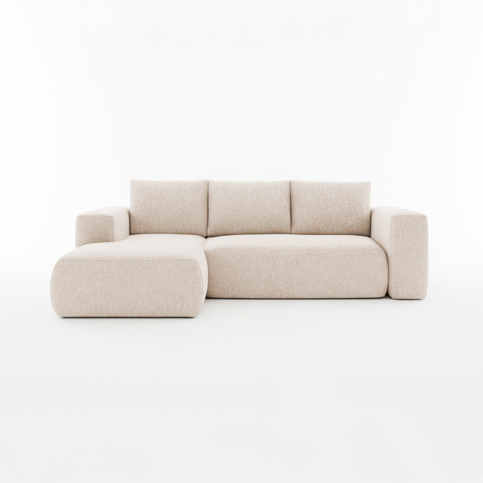 Narożnik z funkcją spania Lambi lewy L-kształtny z pojemnikiem na pościel kremowy szenil