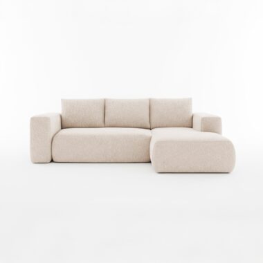 Narożnik z funkcją spania Lambi prawy L-kształtny z pojemnikiem na pościel kremowy szenil