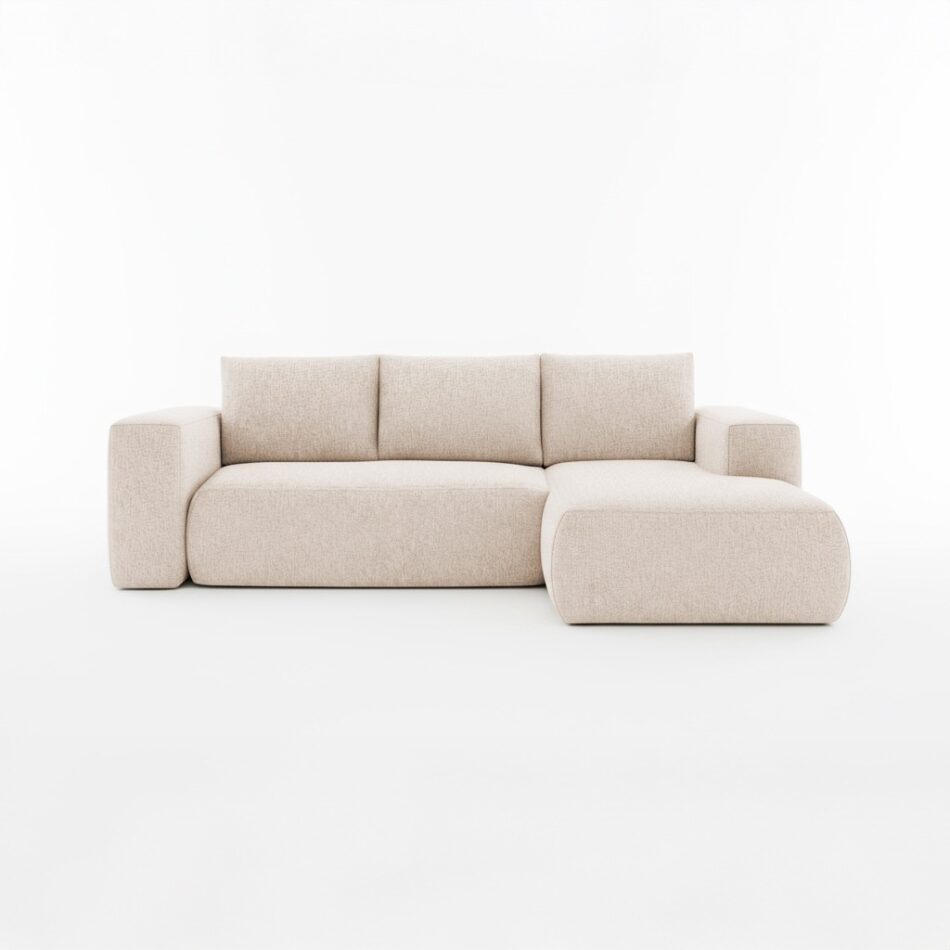 Narożnik z funkcją spania Lambi prawy L-kształtny z pojemnikiem na pościel kremowy szenil