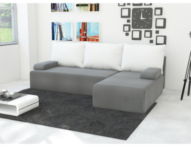 Narożnik z funkcją spania Mini prawy L-kształtny z pojemnikiem na pościel szaro-biały plusz