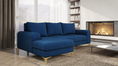 Narożnik z funkcją spania Instra lewy L-kształtny z pojemnikiem na pościel granatowy welur