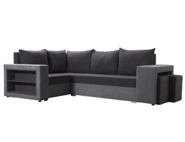 Narożnik z funkcją spania Milano lewy L-kształtny z pojemnikiem na pościel czarno-szary plusz