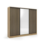 Szafa przesuwna Nubi 200 cm z lustrem dąb artisan z czarnymi lamelami