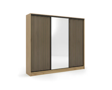 Szafa przesuwna Nubi 200 cm z lustrem i szufladami dąb artisan z czarnymi lamelami