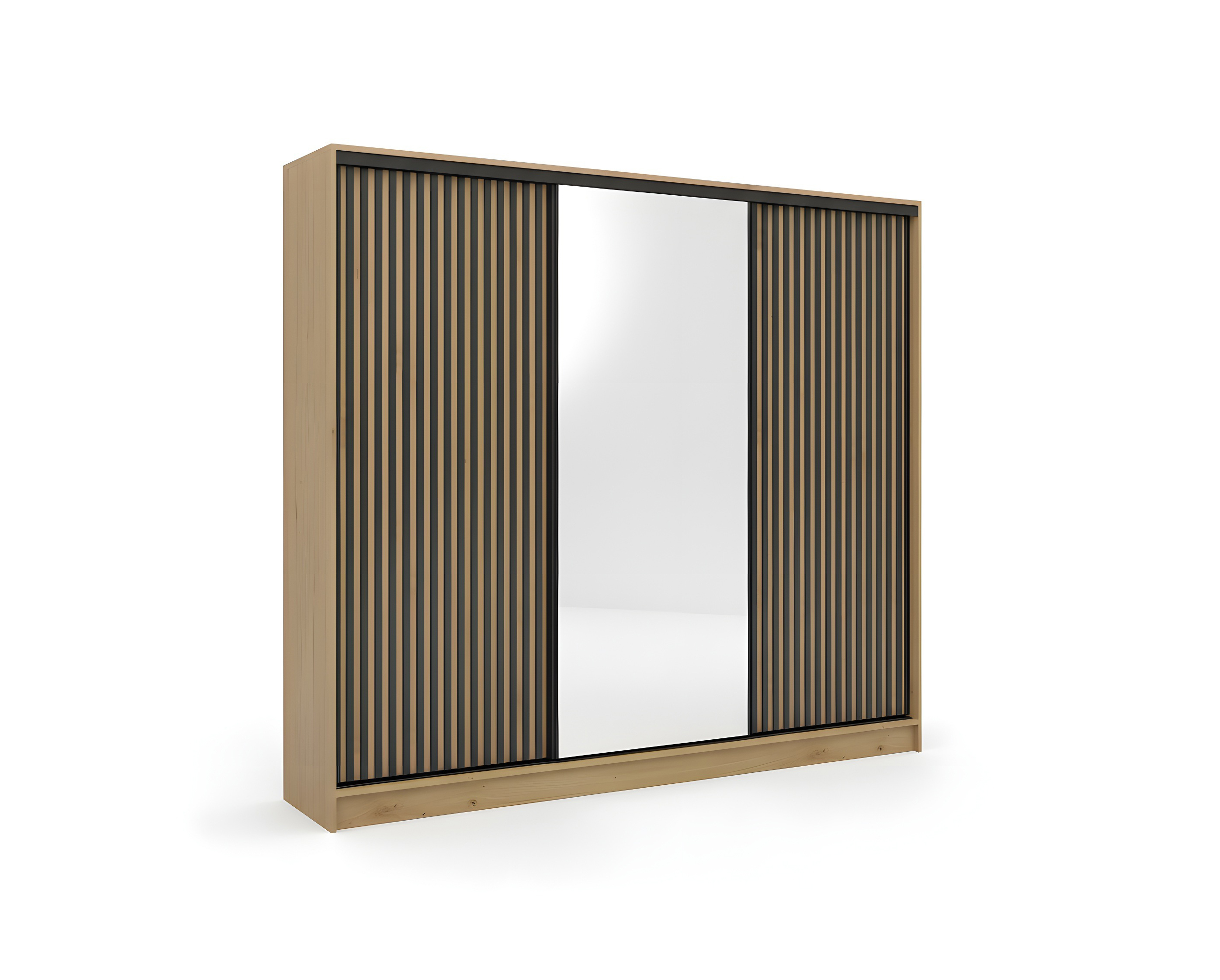 Szafa przesuwna Nubi 200 cm z lustrem dąb artisan z czarnymi lamelami