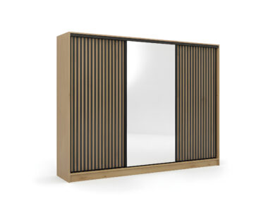 Szafa przesuwna Nubi 250 cm z lustrem i szufladami dąb artisan z czarnymi lamelami