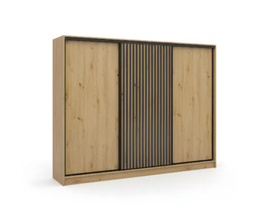 Szafa przesuwna Nubi 250 cm z szufladami dąb artisan z czarnymi lamelami