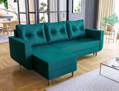 Narożnik z funkcją spania Baldur L-kształtny z pojemnikiem na pościel turkusowy welur