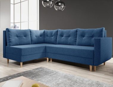 Narożnik z funkcją spania Baldur L lewy z pojemnikiem na pościel granatowa plecionka