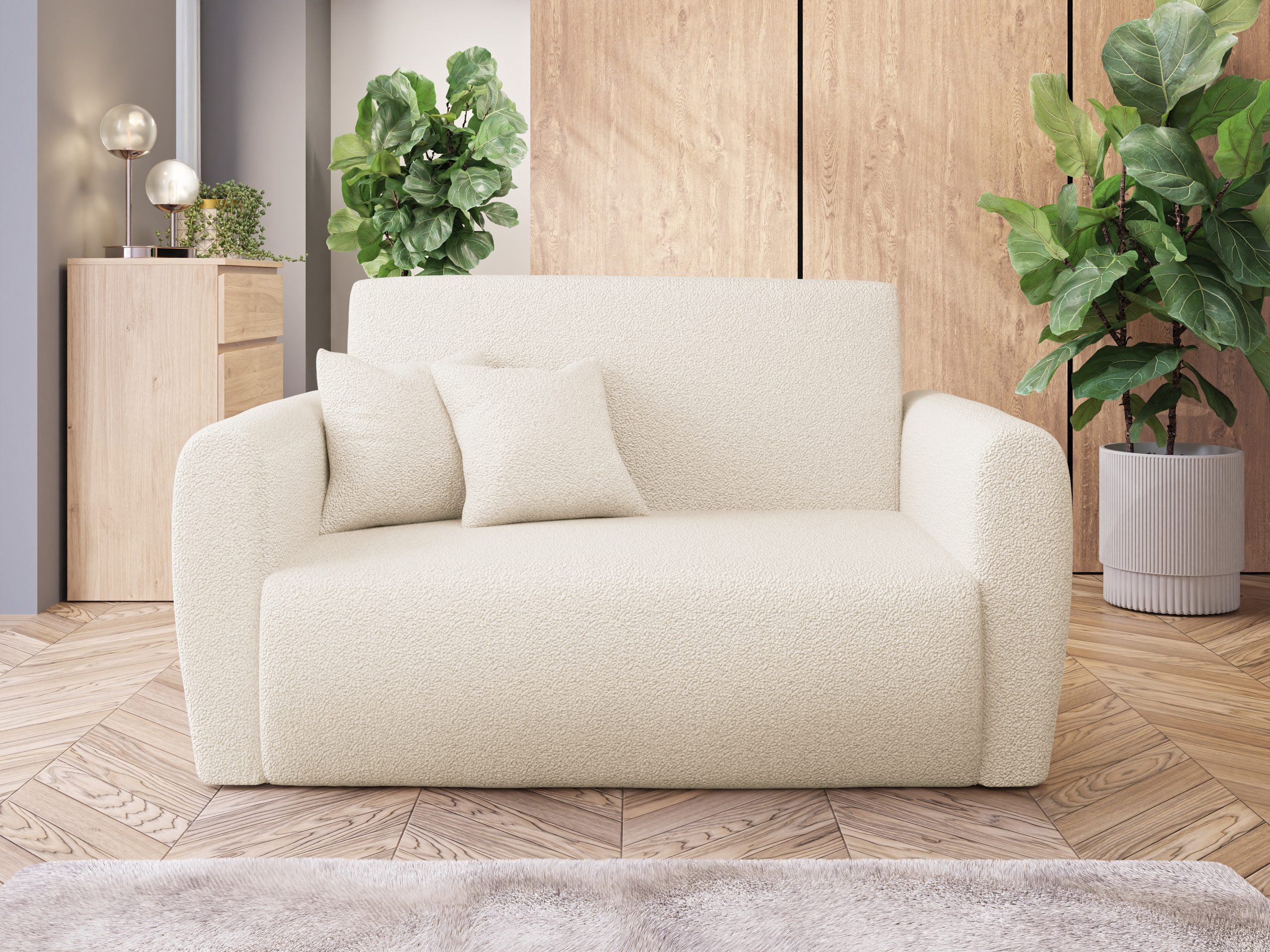 Amerykanka z funkcją spania Lana z pojemnikiem na pościel kremowa boucle