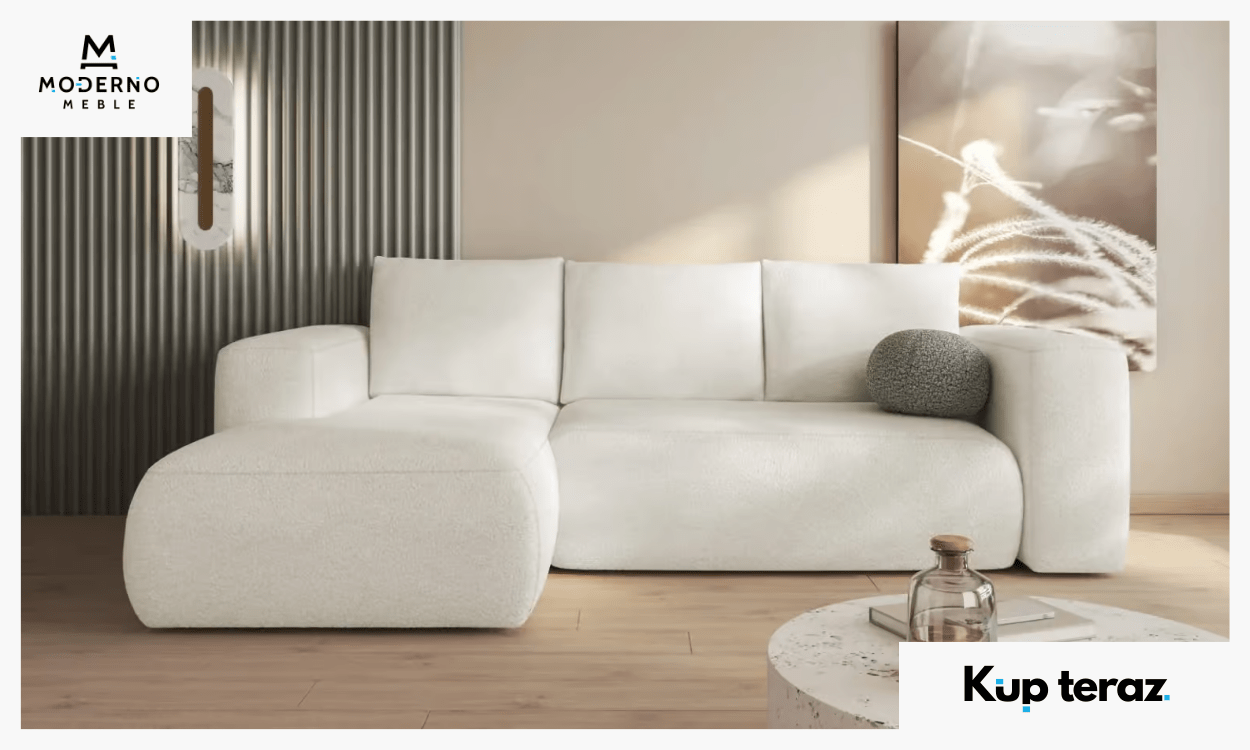 1. Kremowy lewostronny narożnik z funkcją spania Lambi w tkaninie bukla