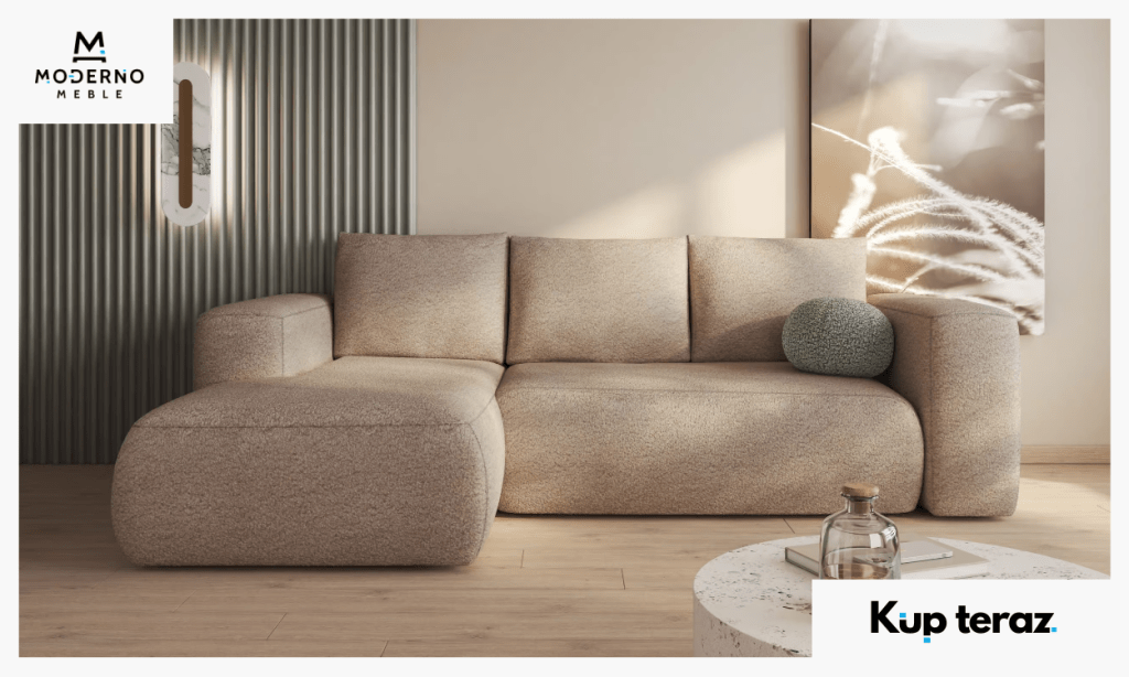 5. Beżowy narożnik z funkcją spania Lambi z pojemnikiem na pościel