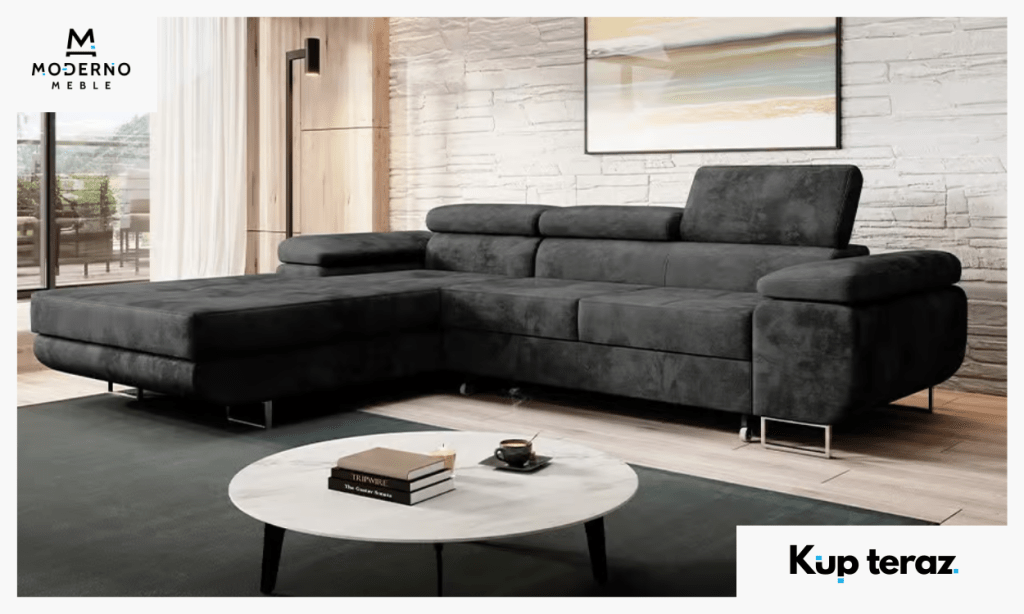 6. Grafitowy lewostronny narożnik z funkcją spania NORBERG z pojemnikiem na pościel