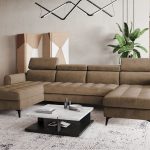 Narożnik z funkcją spania Bjorn U-kształtny z pojemnikiem na pościel jasnobrązowy welur