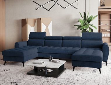 Narożnik z funkcją spania Bjorn U-kształtny z pojemnikiem na pościel granatowy welur